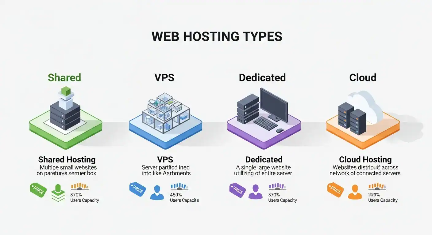 Diagram showing web hosting types: shared, VPS, dedicated, and cloud with comparative capacity.